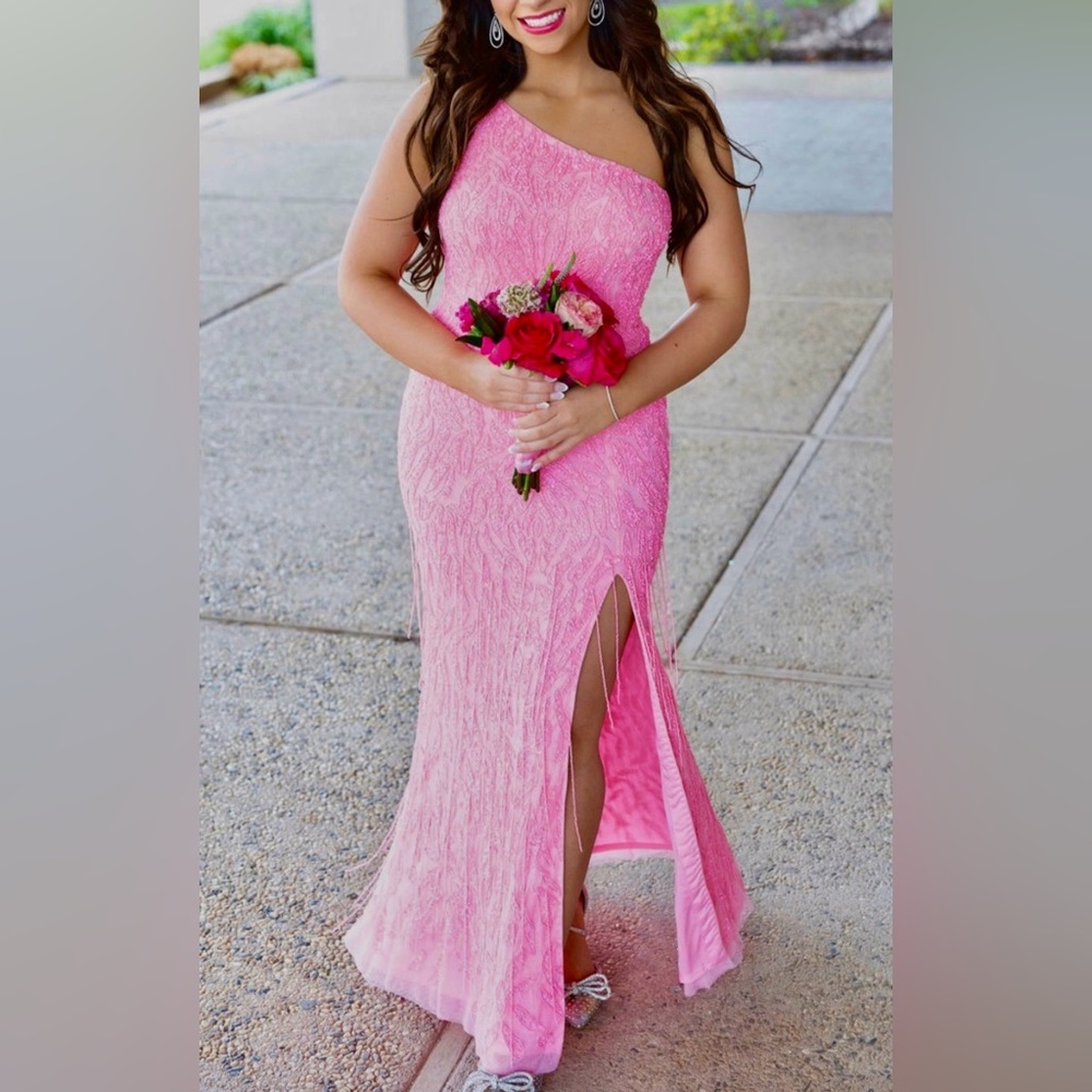 Sherri Hill Pink Beaded Fringe Prom Gown